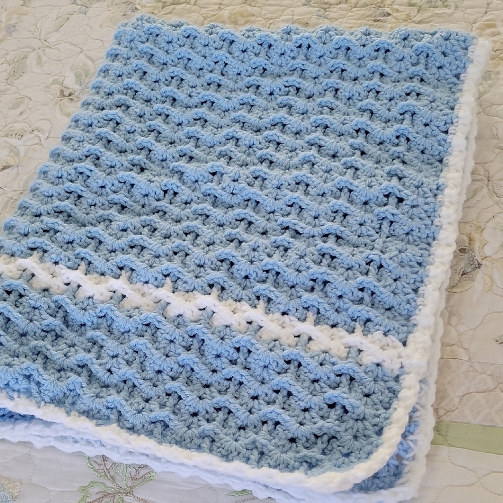 Hand Crafted Light Blue and White Textured Blanket